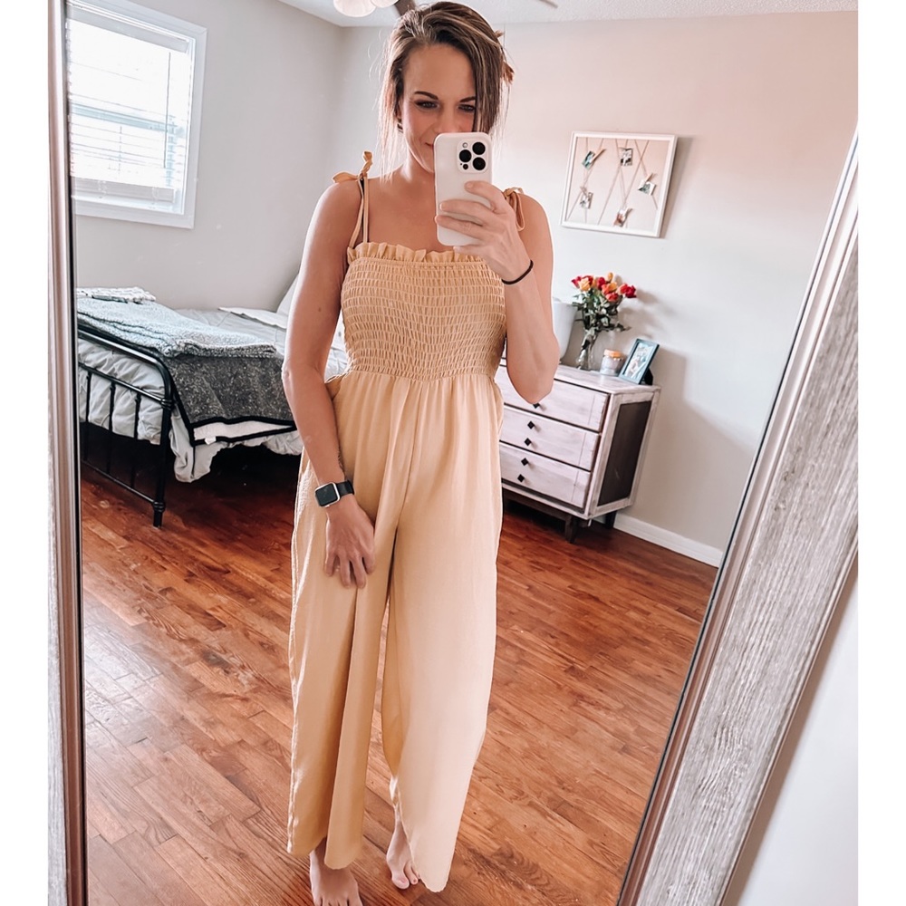she + sky yellow smocked strapless wide leg jumpsuit